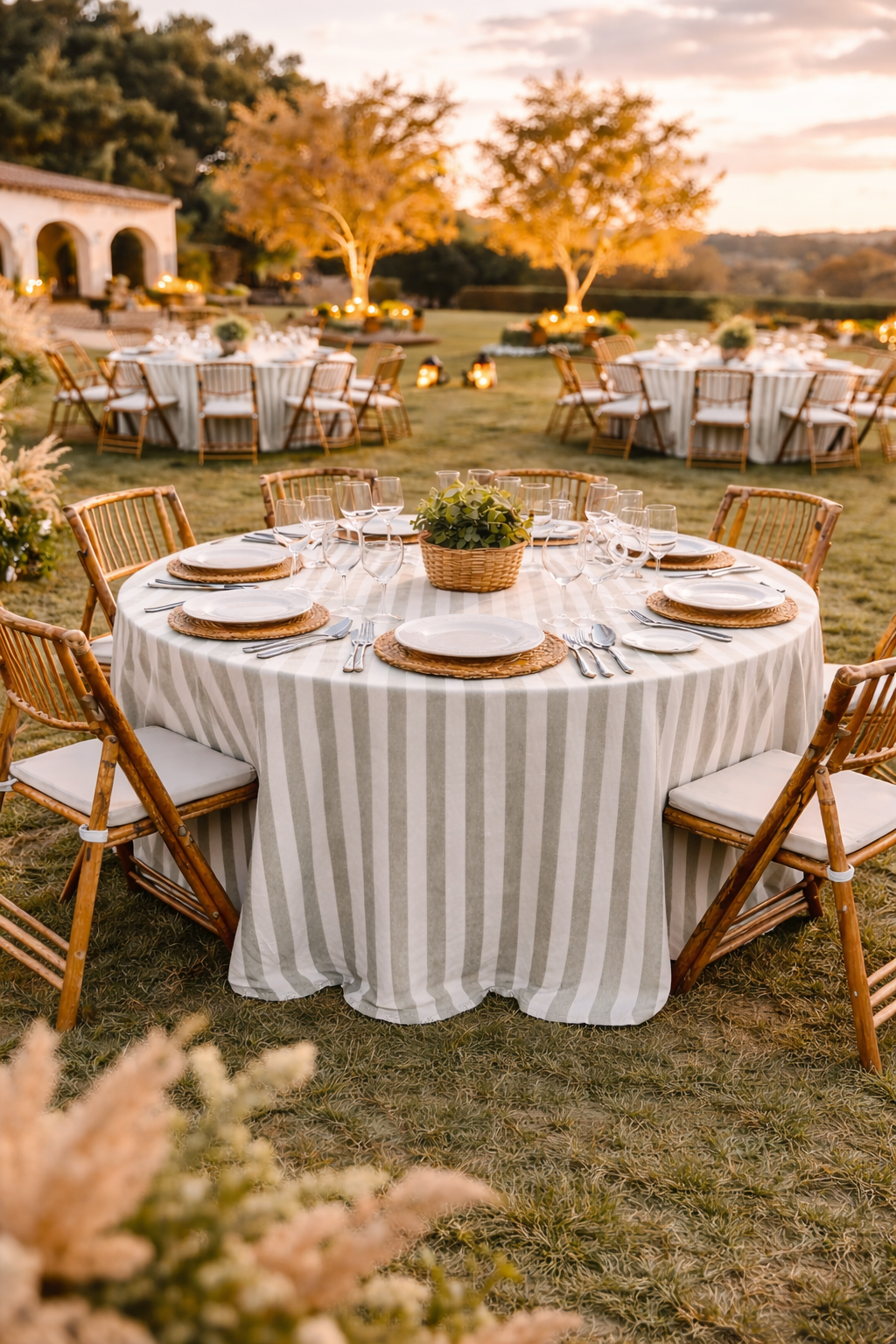 Mantel Redondo Rayas Verde Oliva Lino